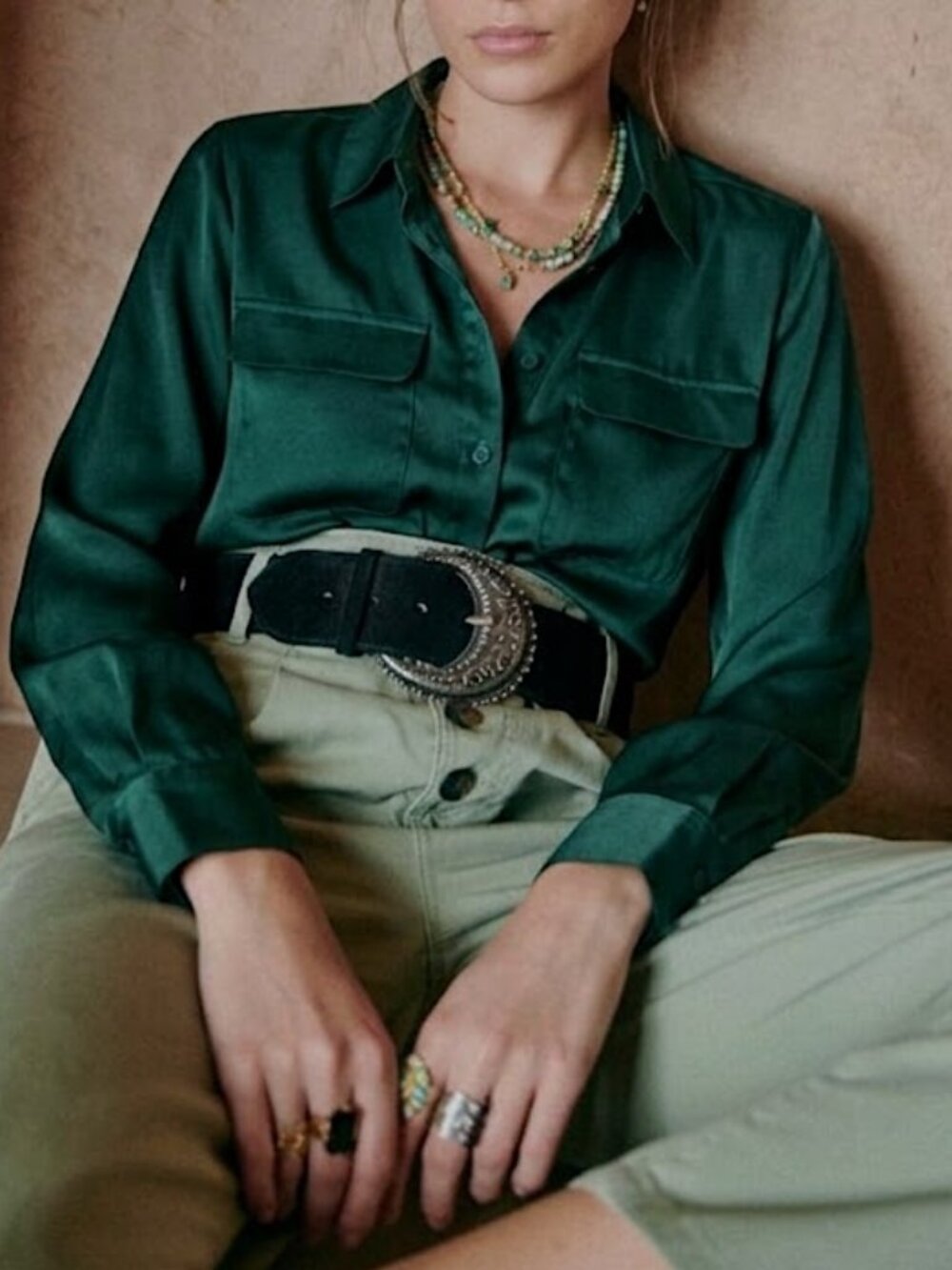 Equipment Deep Green Silky Satin Button-Up Shirt Office Career Casual Size Large
